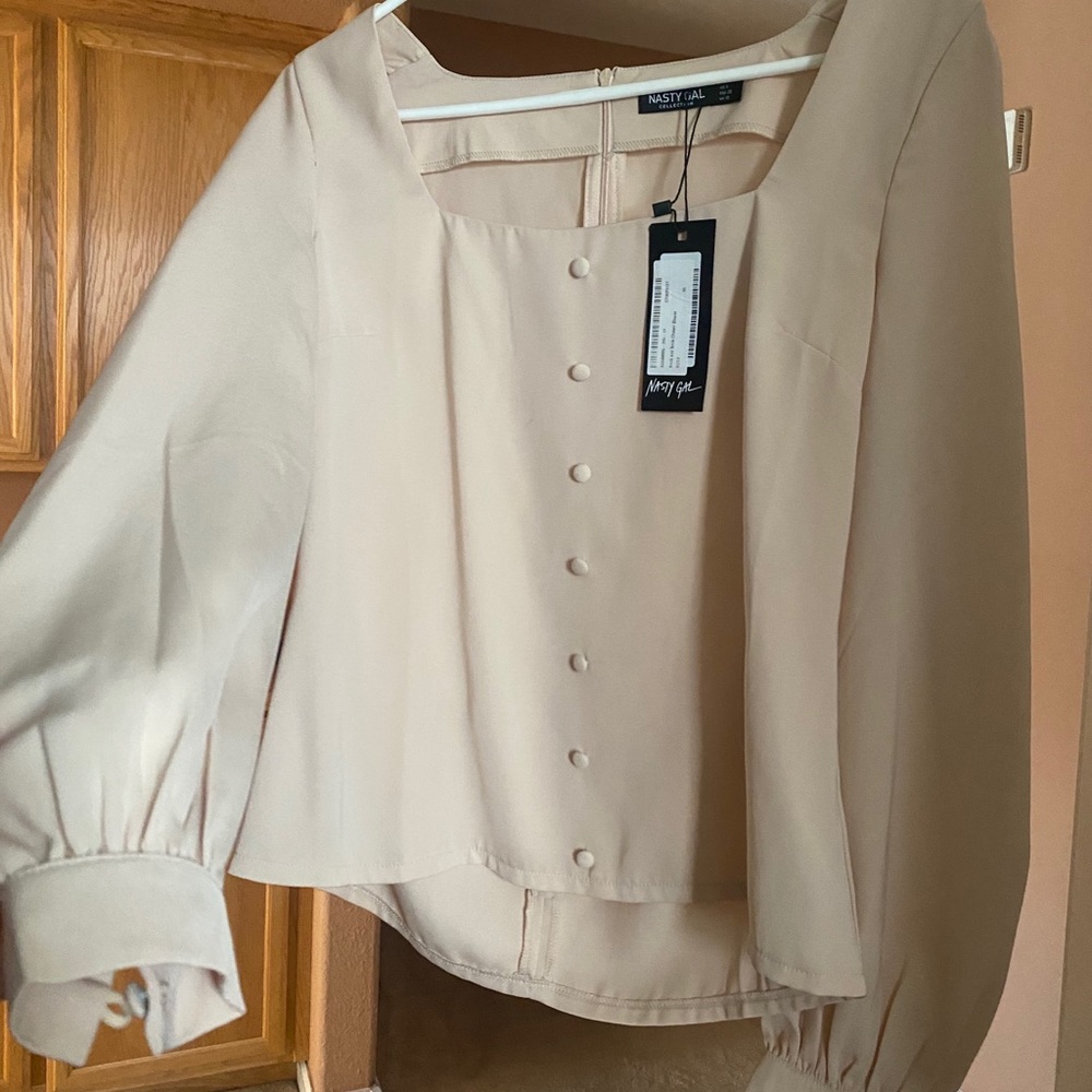 NastyGal Nude Blouse with Neck Choker